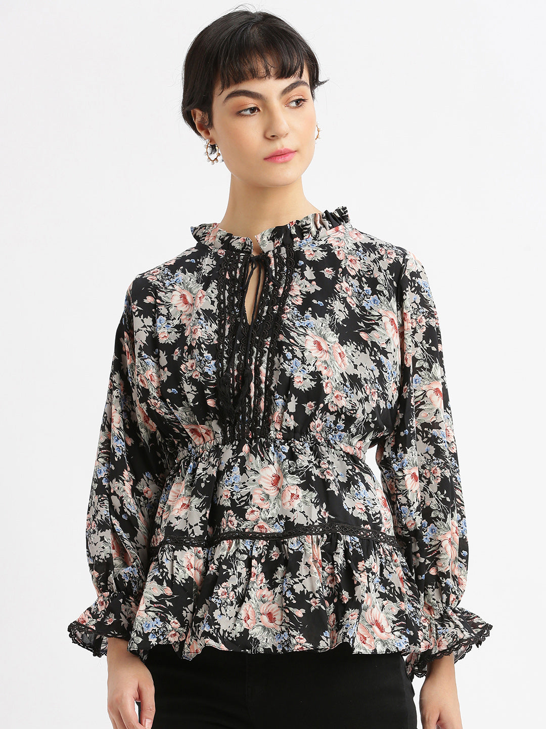 Women Black Floral Peplum Top