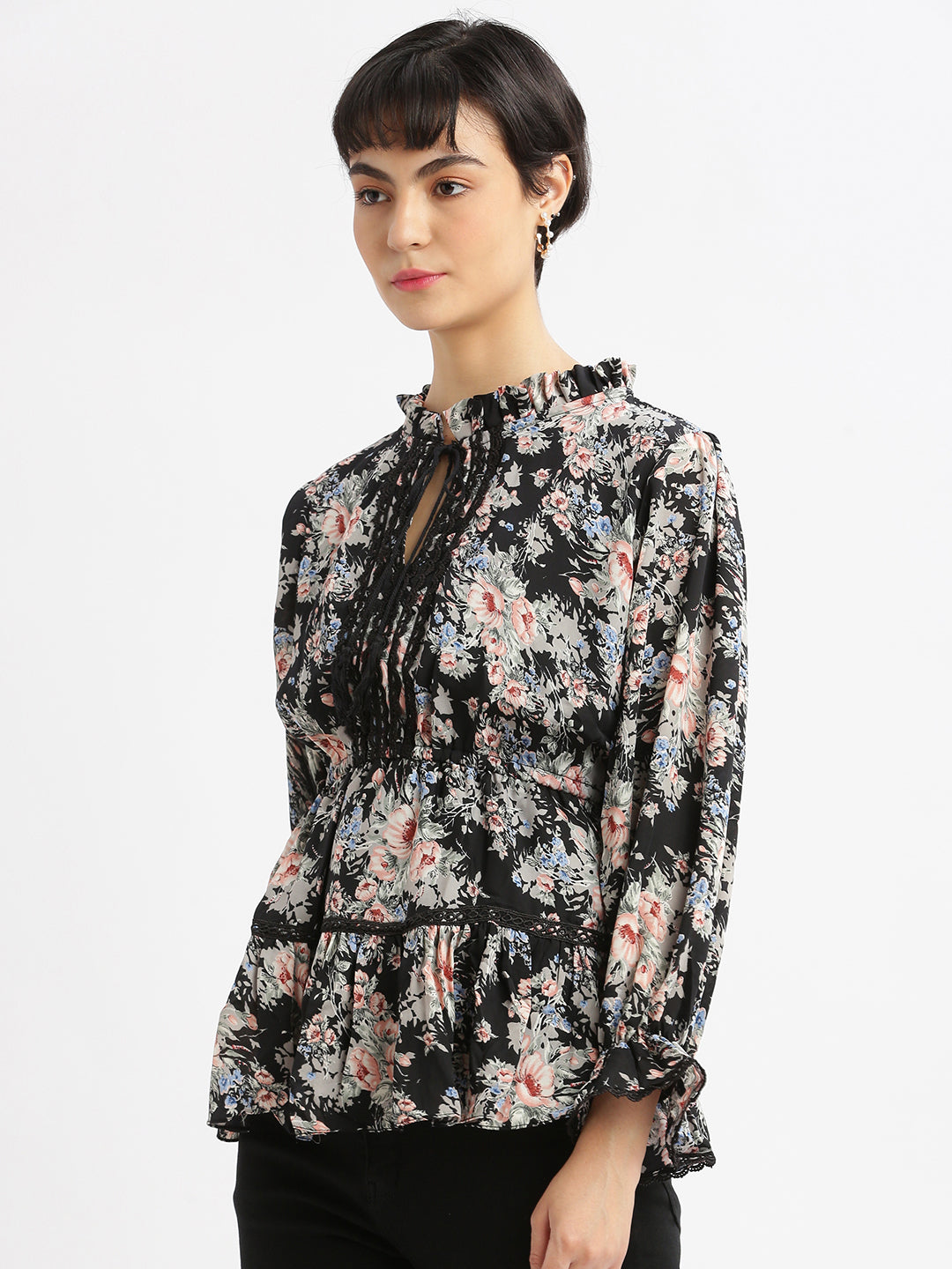 Women Black Floral Peplum Top