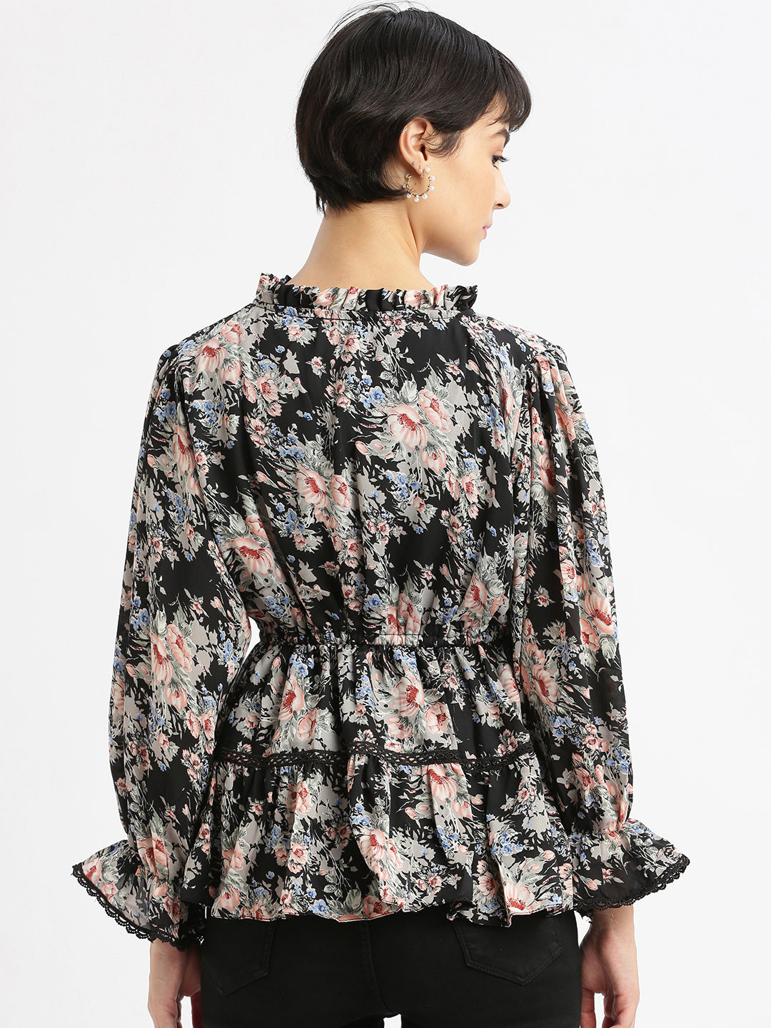 Women Black Floral Peplum Top