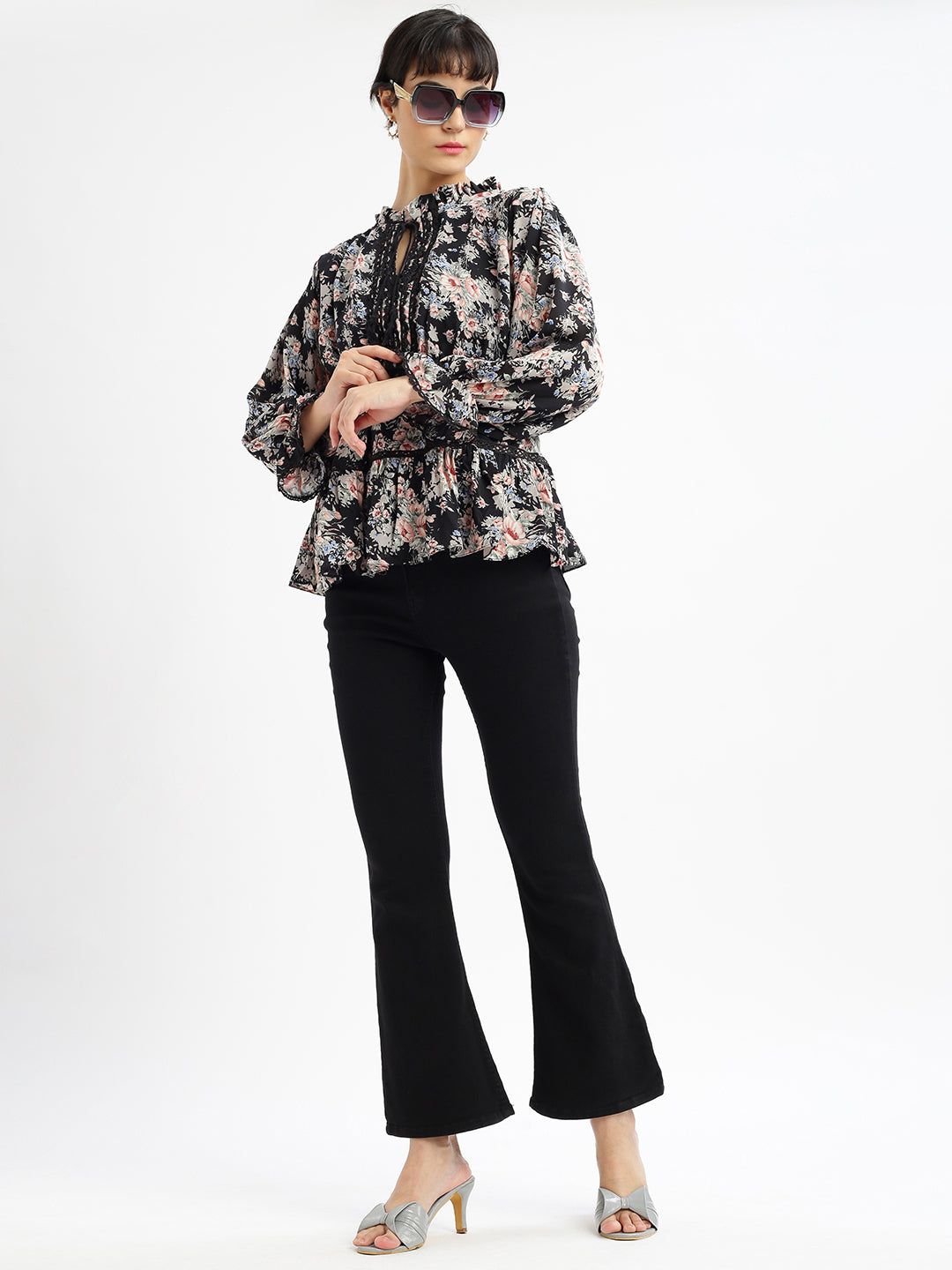 Women Black Floral Peplum Top