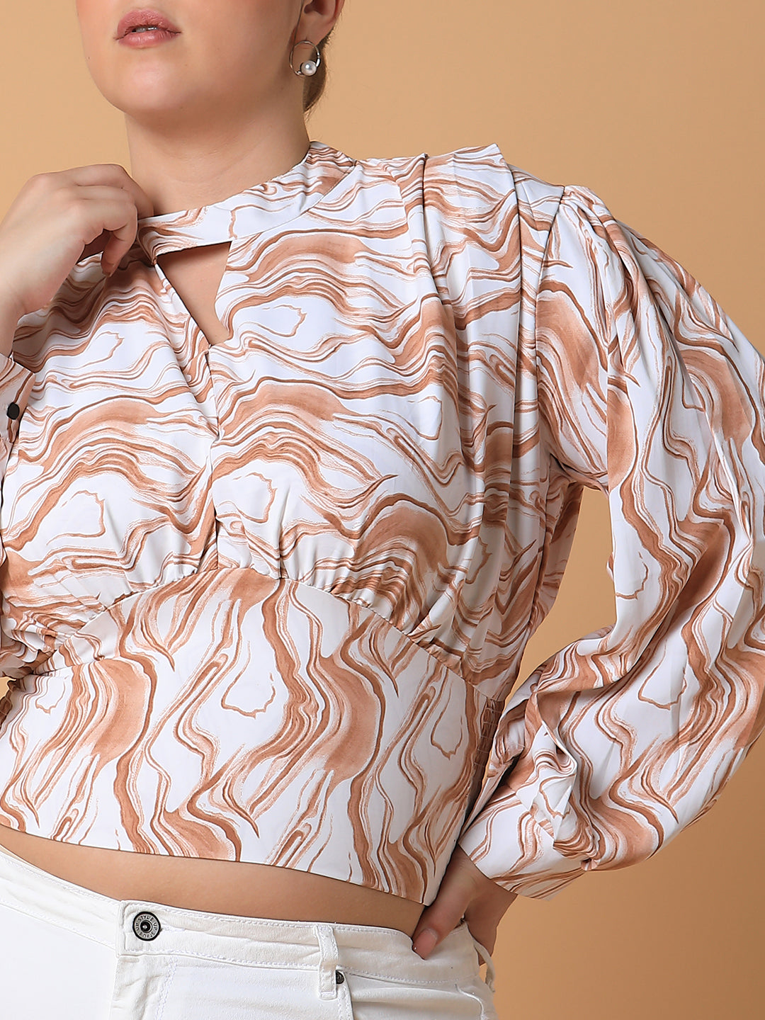 Women Abstract Brown Smocking Top