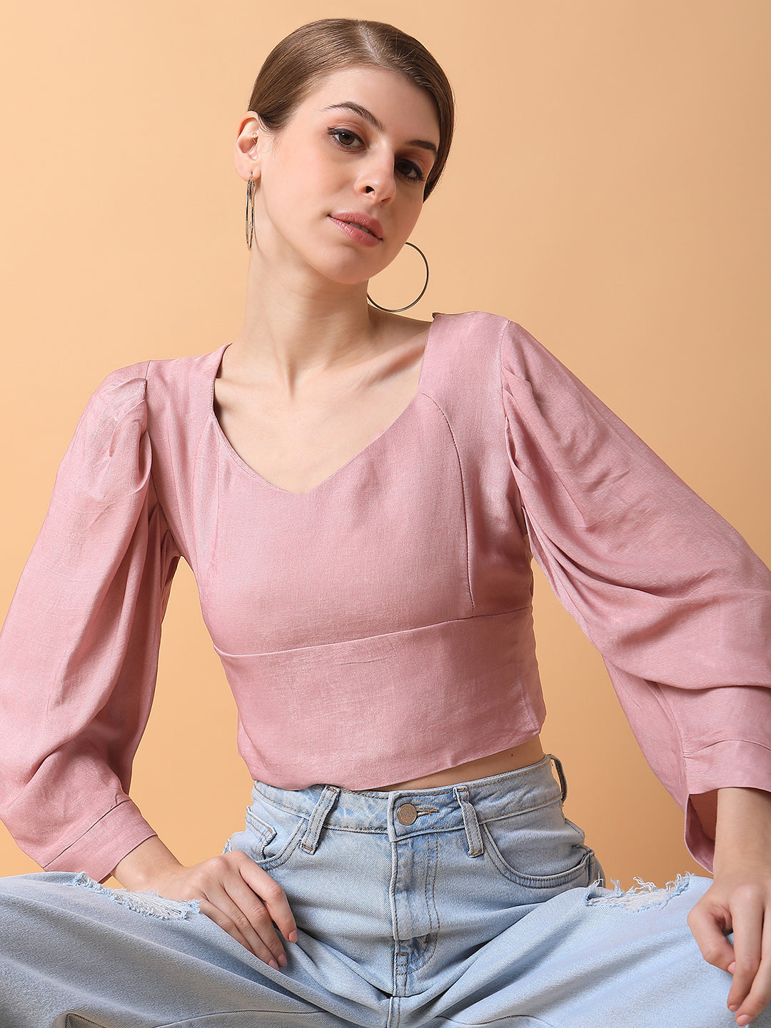 Women Solid Peach Blouson Top