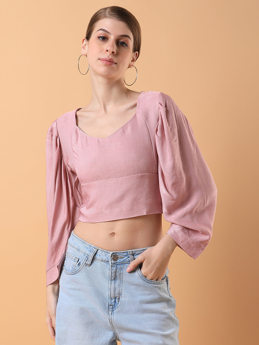 Women Solid Peach Blouson Top