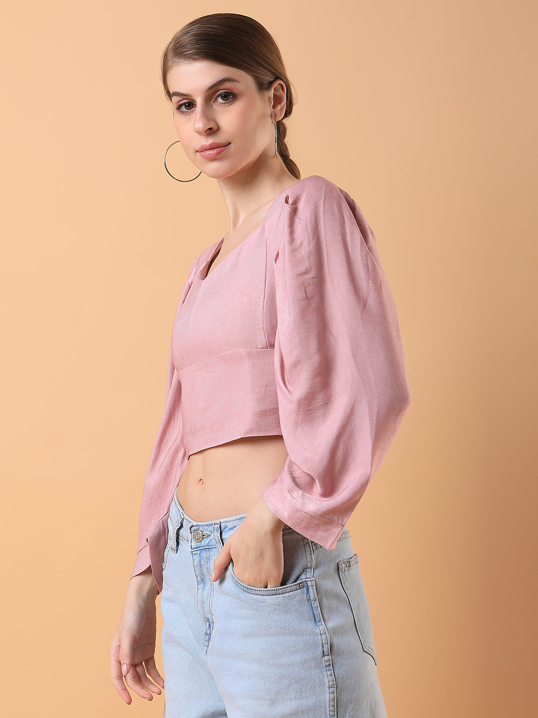 Women Solid Peach Blouson Top