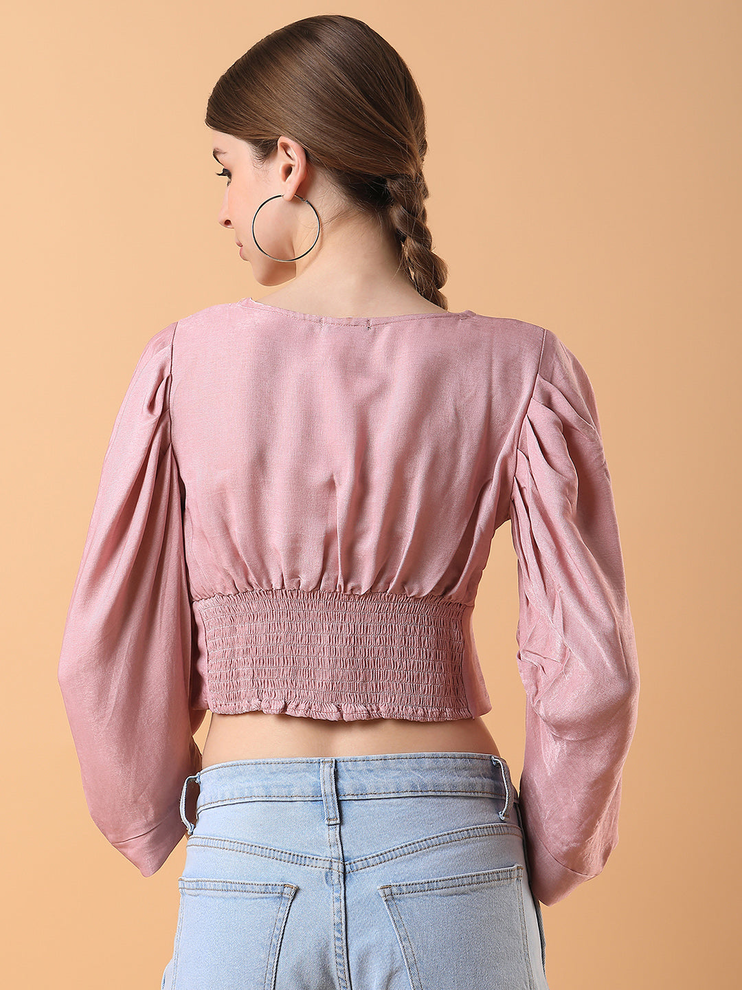 Women Solid Peach Blouson Top