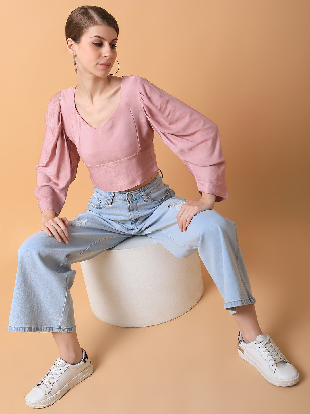 Women Solid Peach Blouson Top