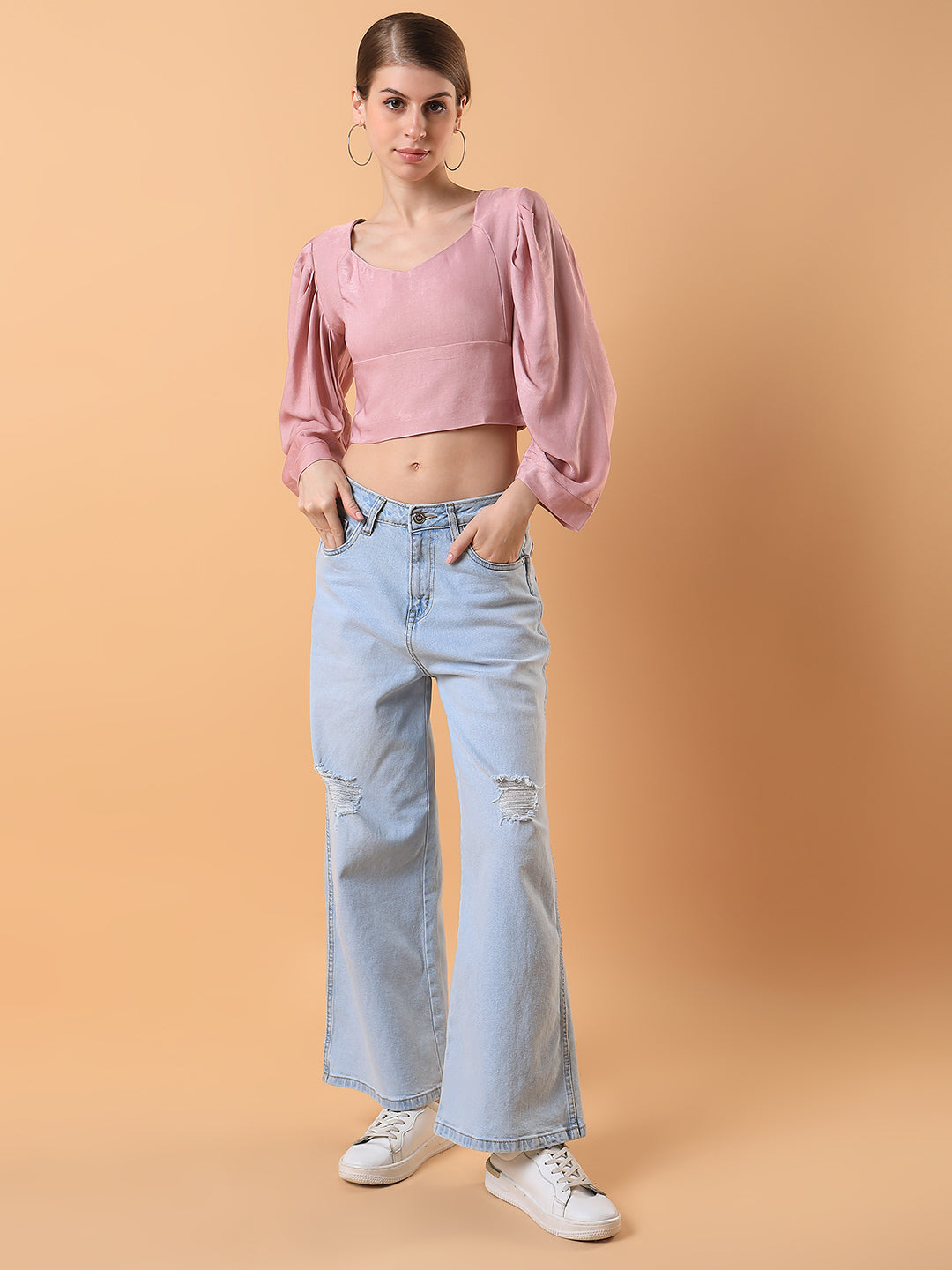 Women Solid Peach Blouson Top