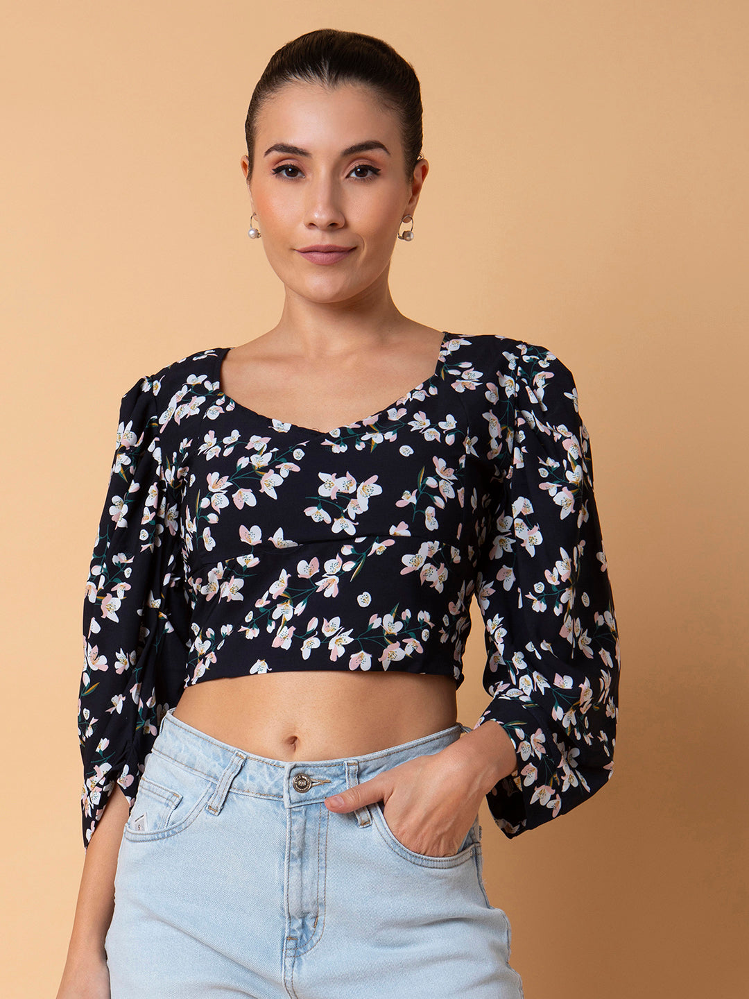 Women Floral Navy Blue Blouson Top