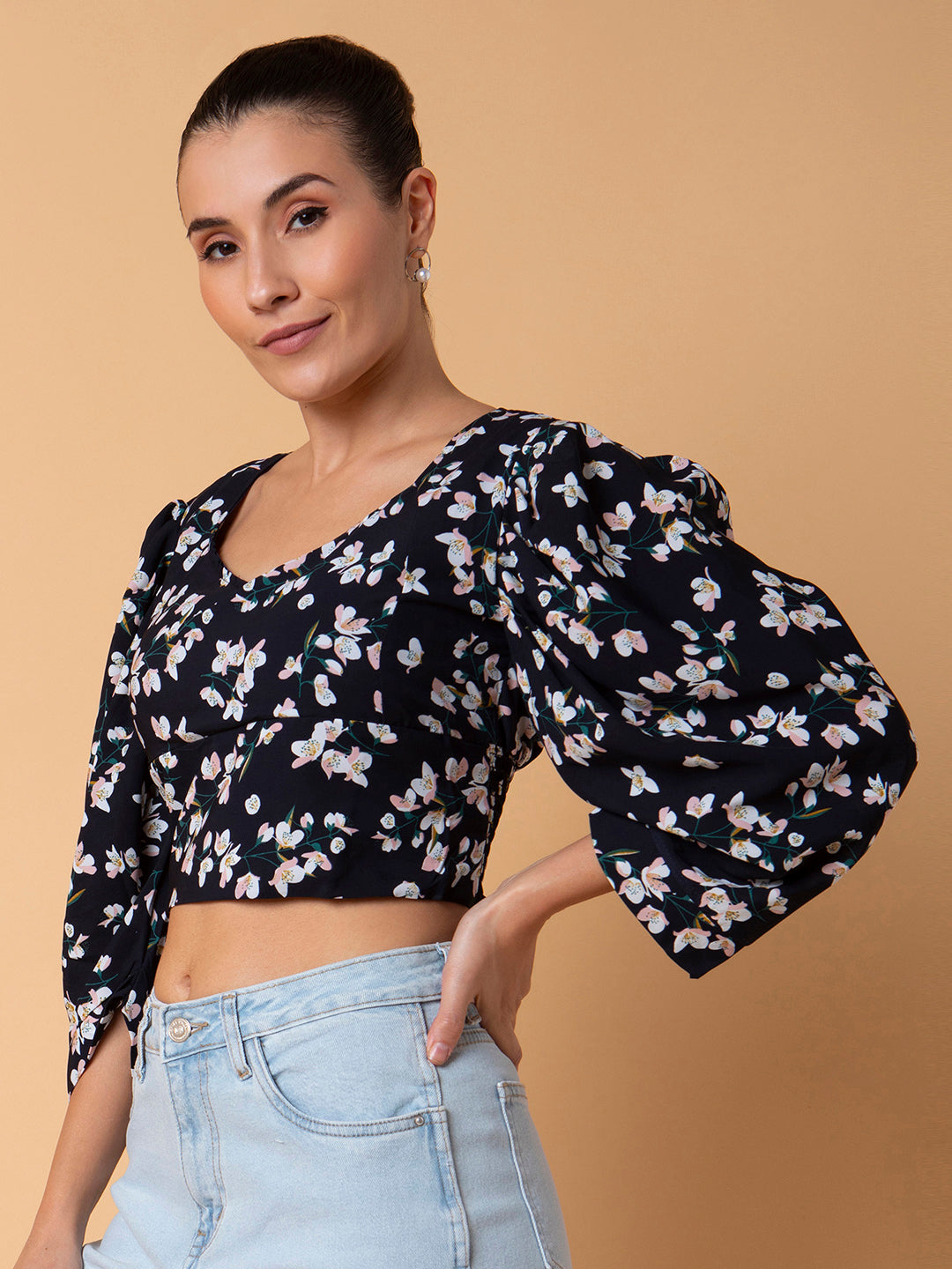 Women Floral Navy Blue Blouson Top