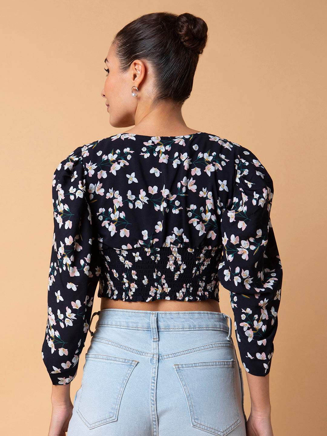 Women Floral Navy Blue Blouson Top