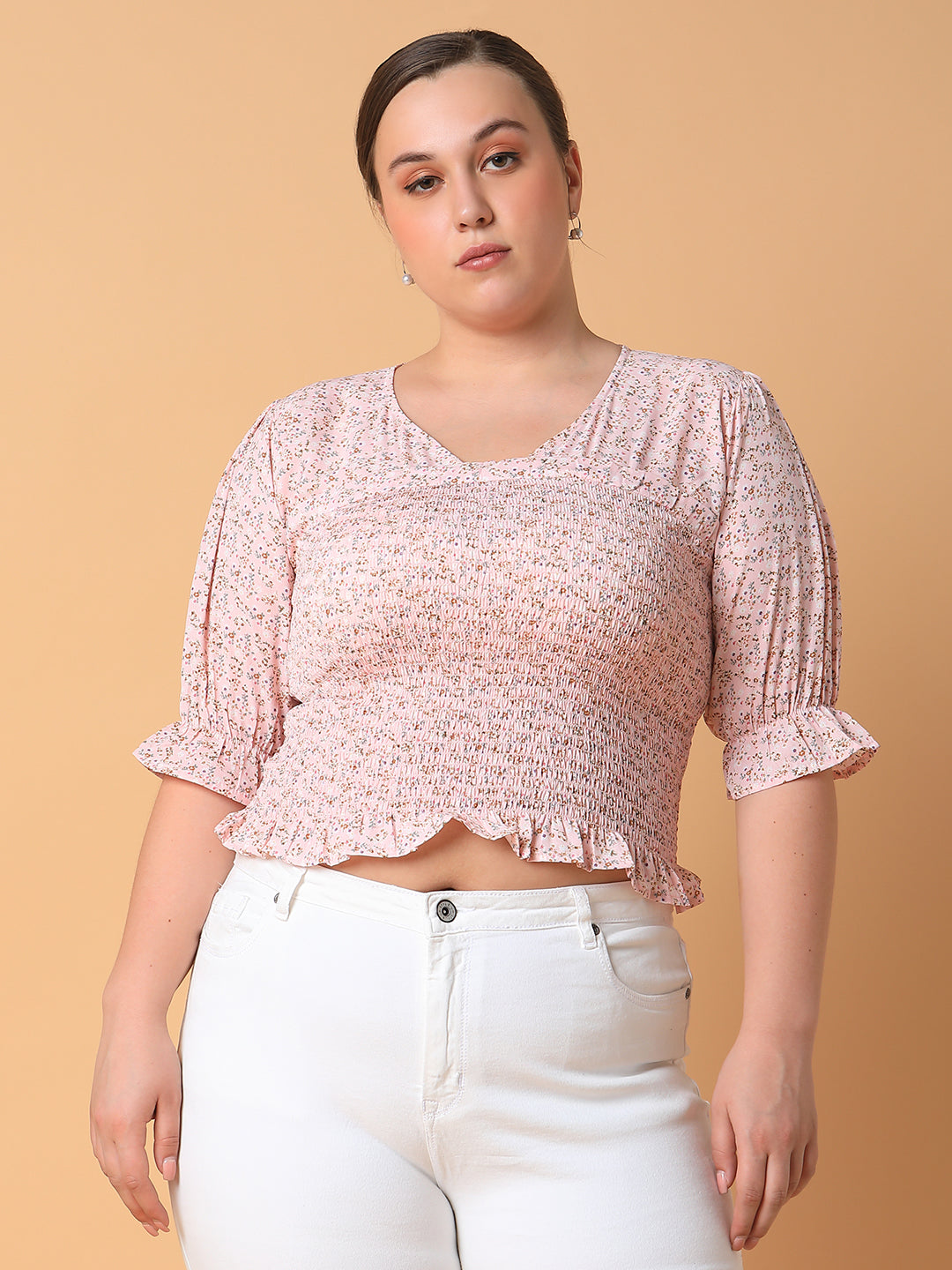 Women Floral Peach Smocking Top