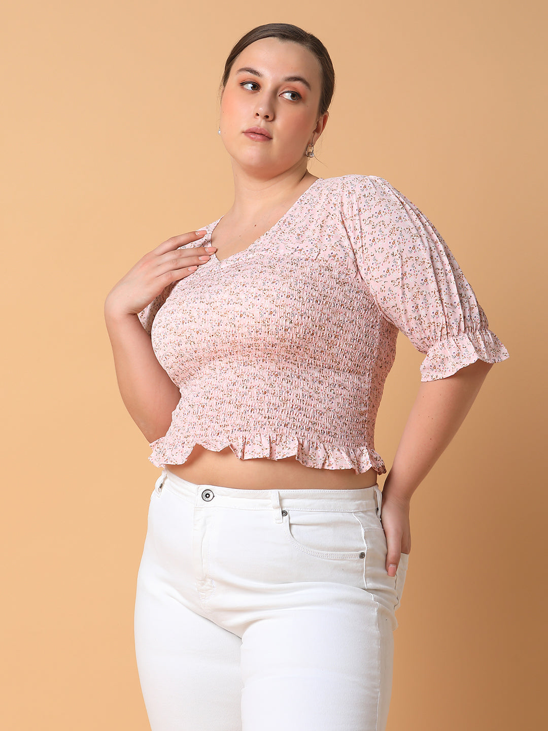 Women Floral Peach Smocking Top