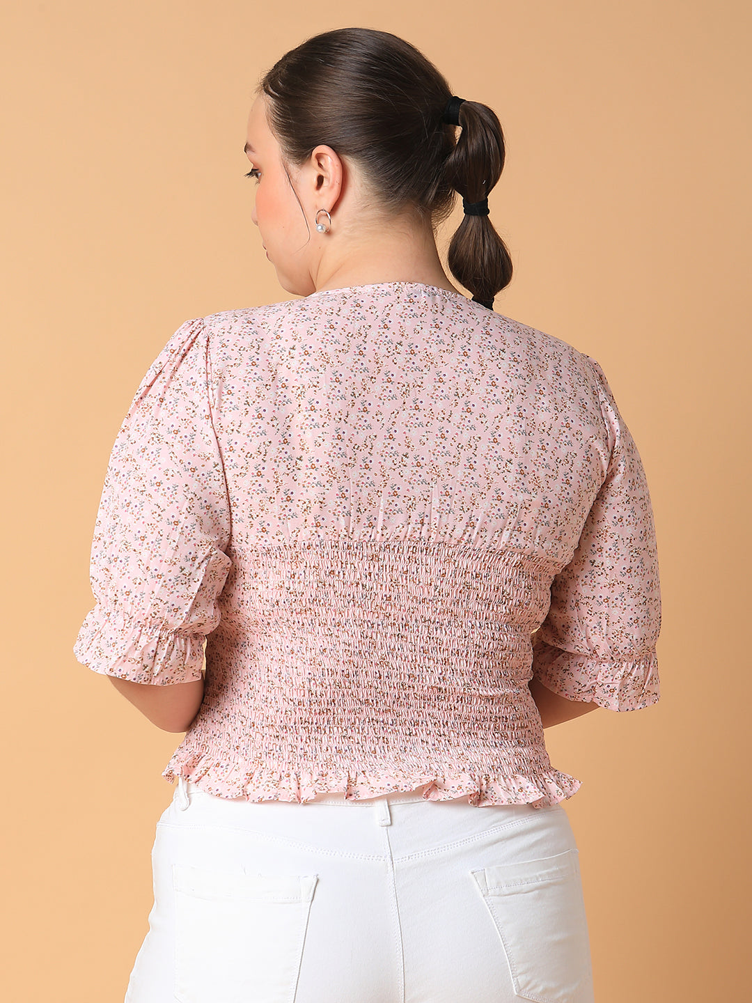 Women Floral Peach Smocking Top