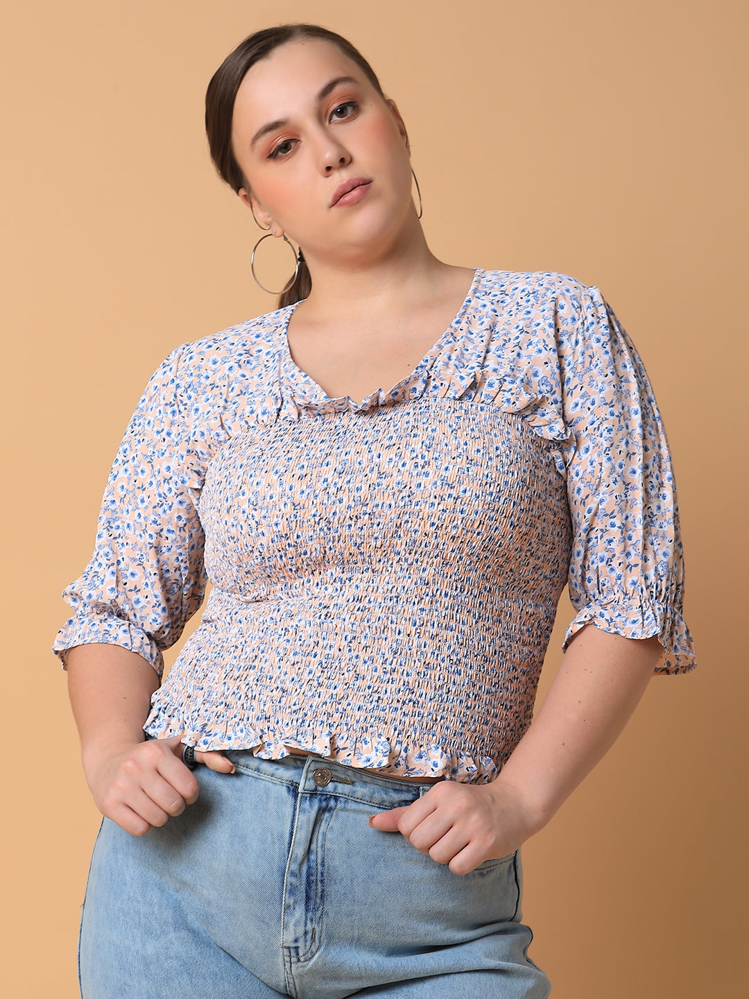 Women Floral Blue Smocking Top