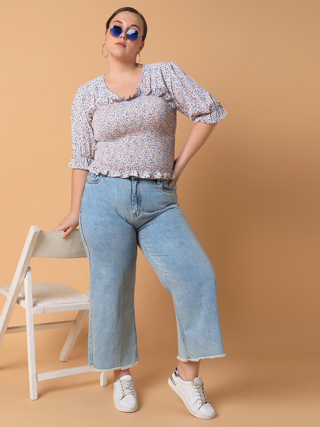 Women Floral Blue Smocking Top