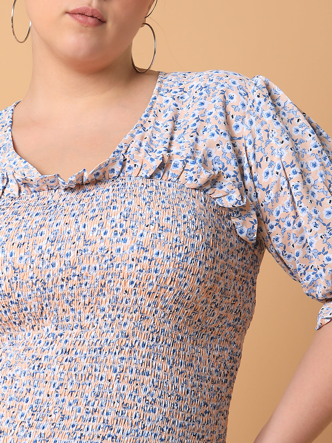 Women Floral Blue Smocking Top