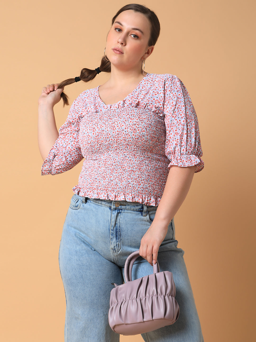 Women Floral Peach Smocking Top