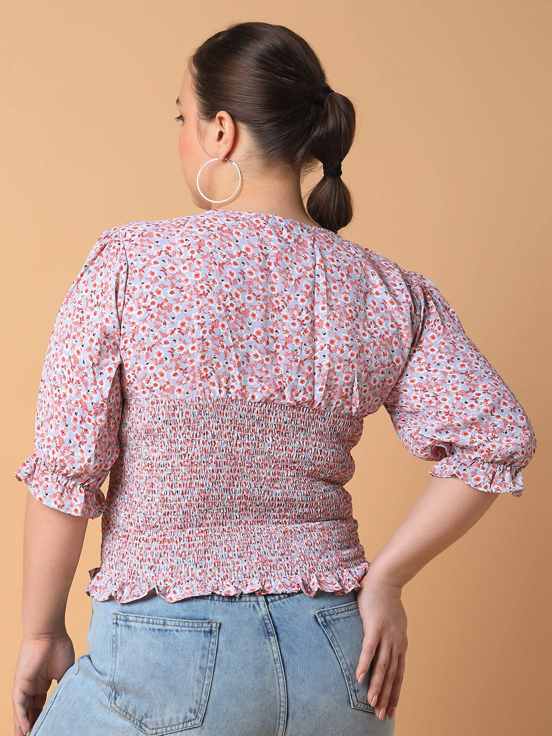 Women Floral Peach Smocking Top