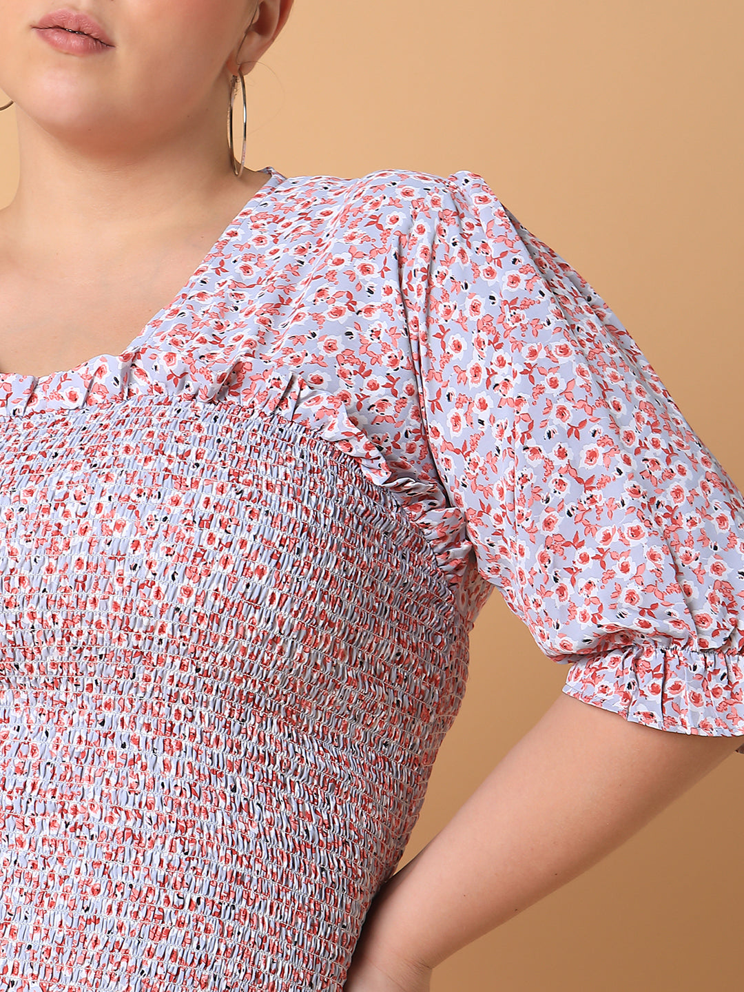 Women Floral Peach Smocking Top