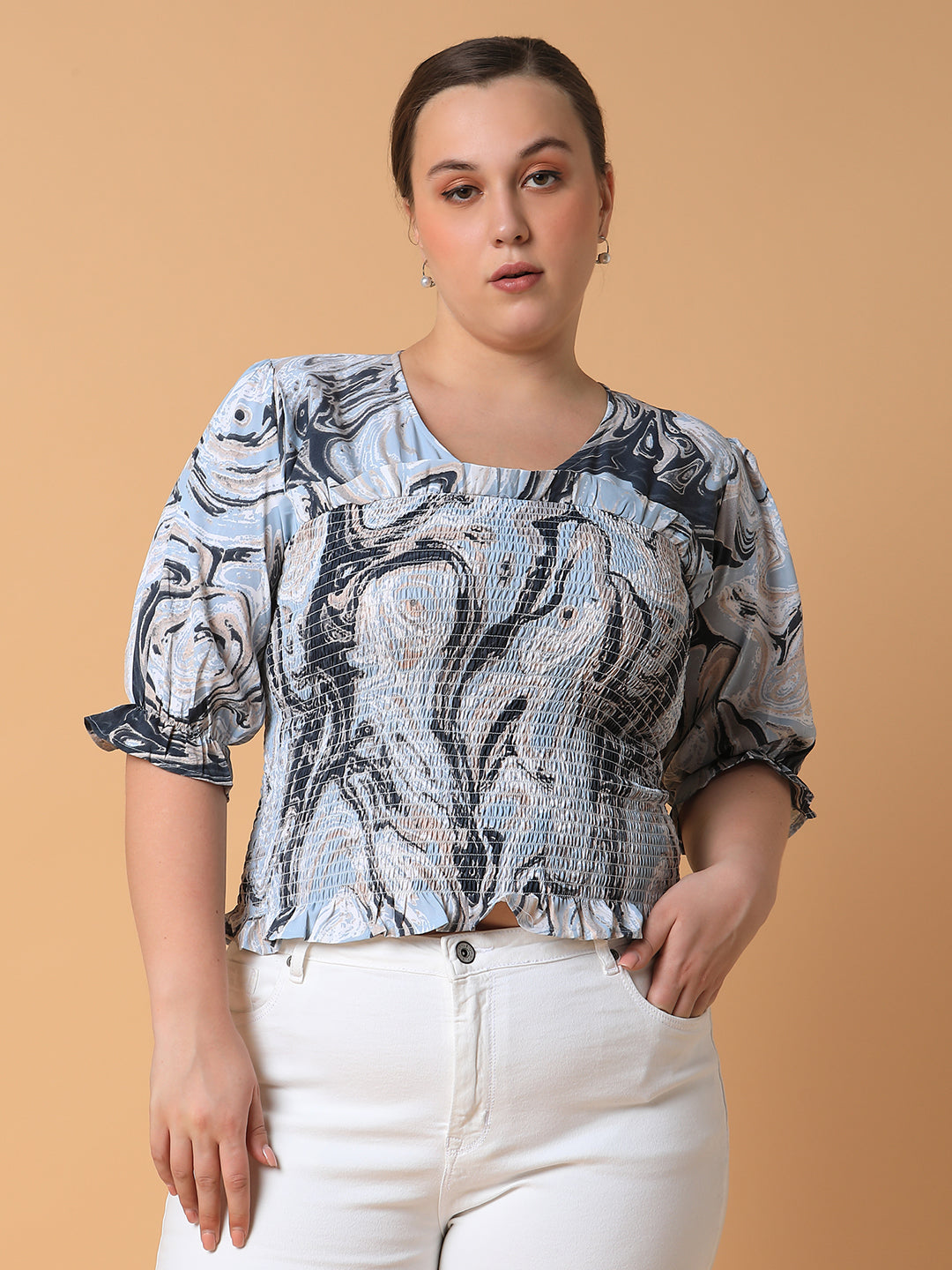 Women Abstract Blue Smocking Top