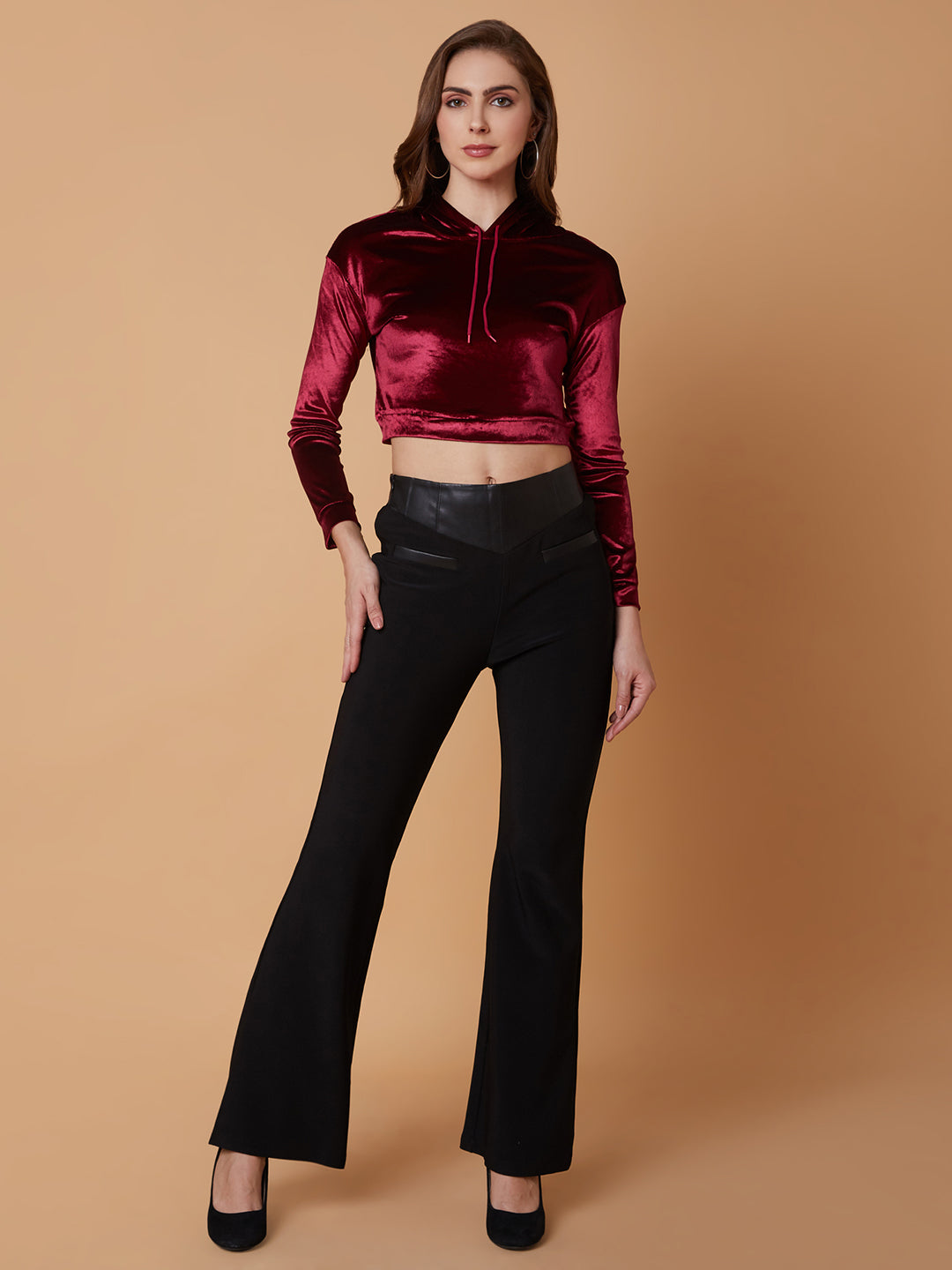 Women Solid Maroon Drop Shoulder Crop Pullover