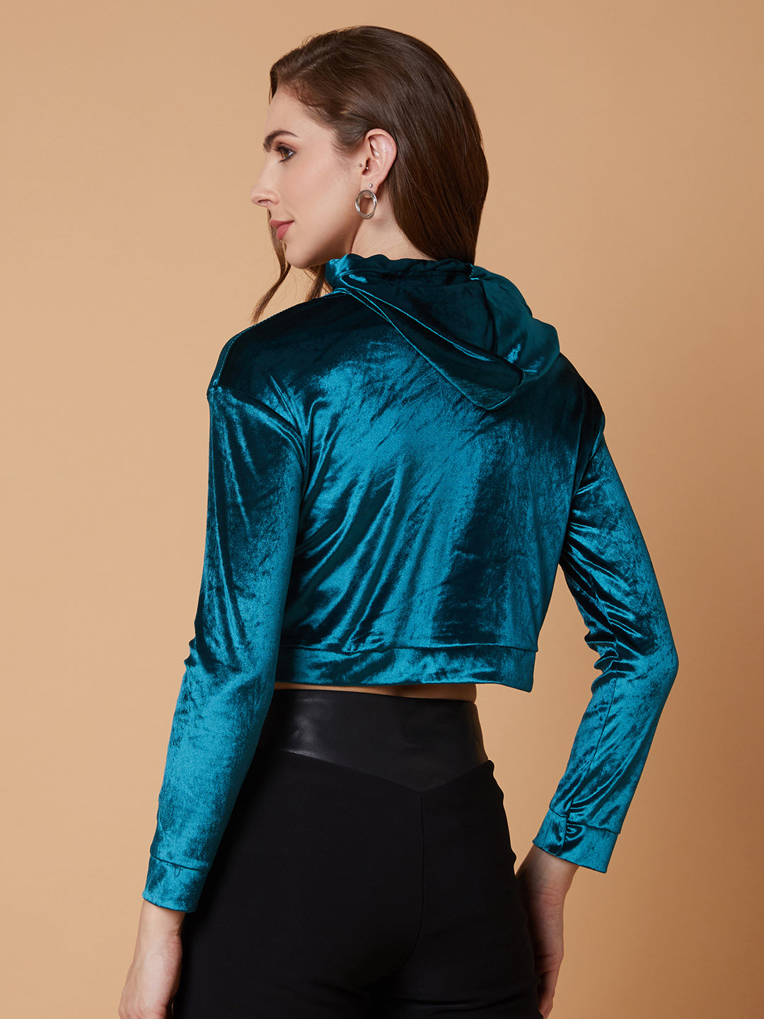 Women Solid Teal Drop Shoulder Crop Pullover