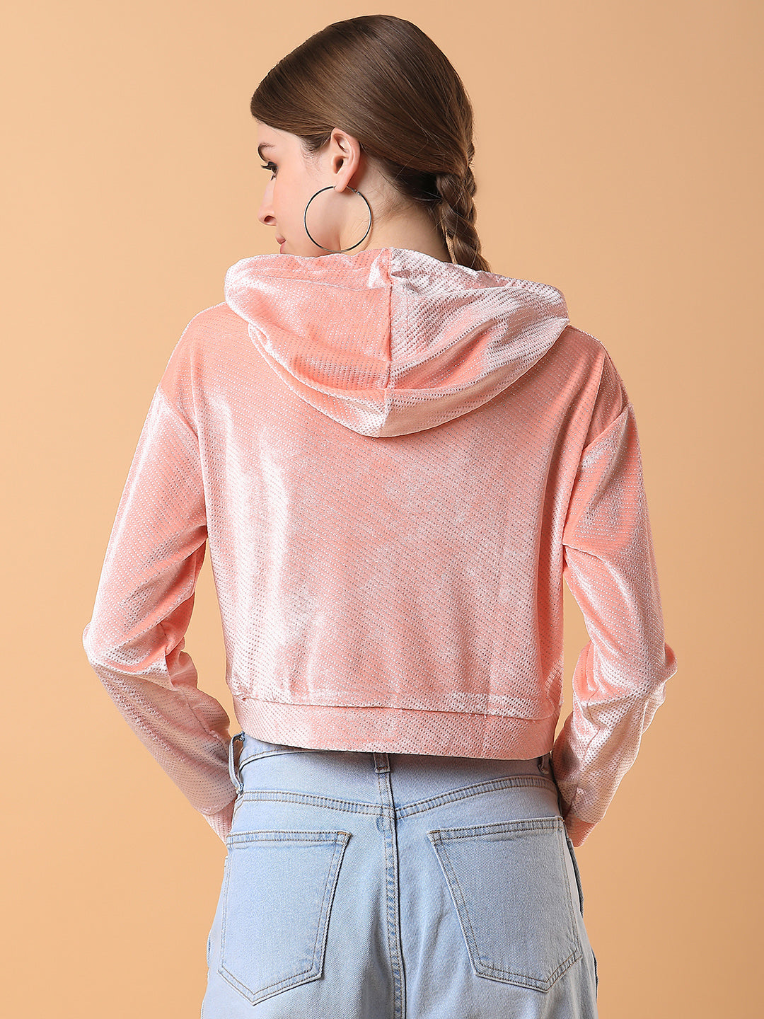 Women Solid Peach Drop Shoulder Crop Pullover