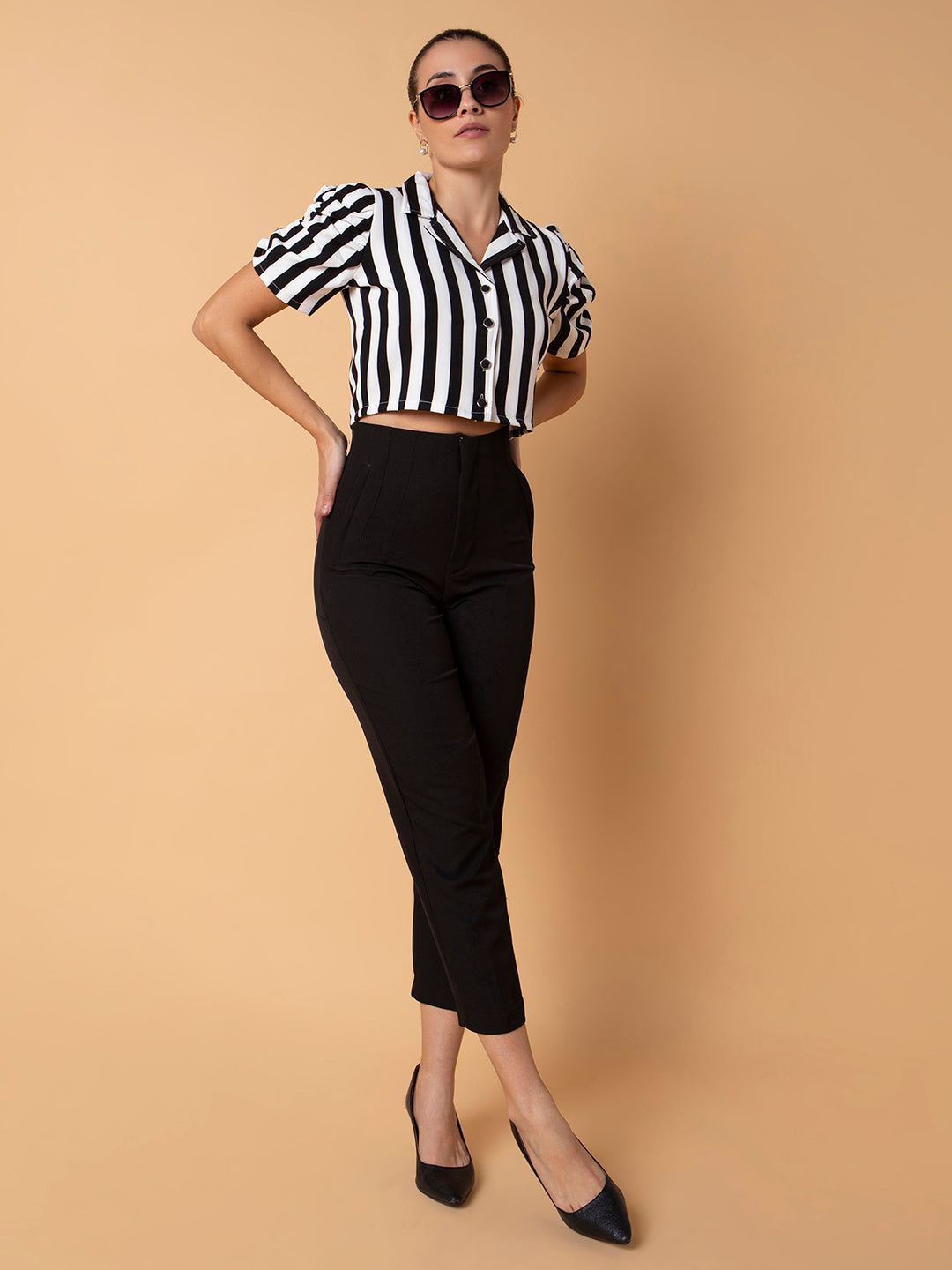 Women Striped Black Blouson Crop Top