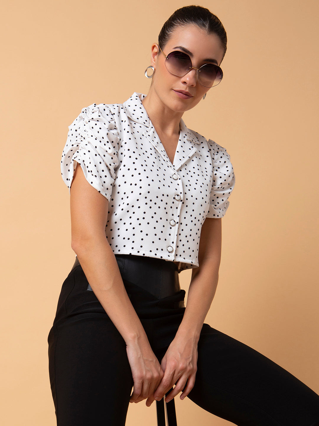 Women Polka Dots White Blouson Crop Top