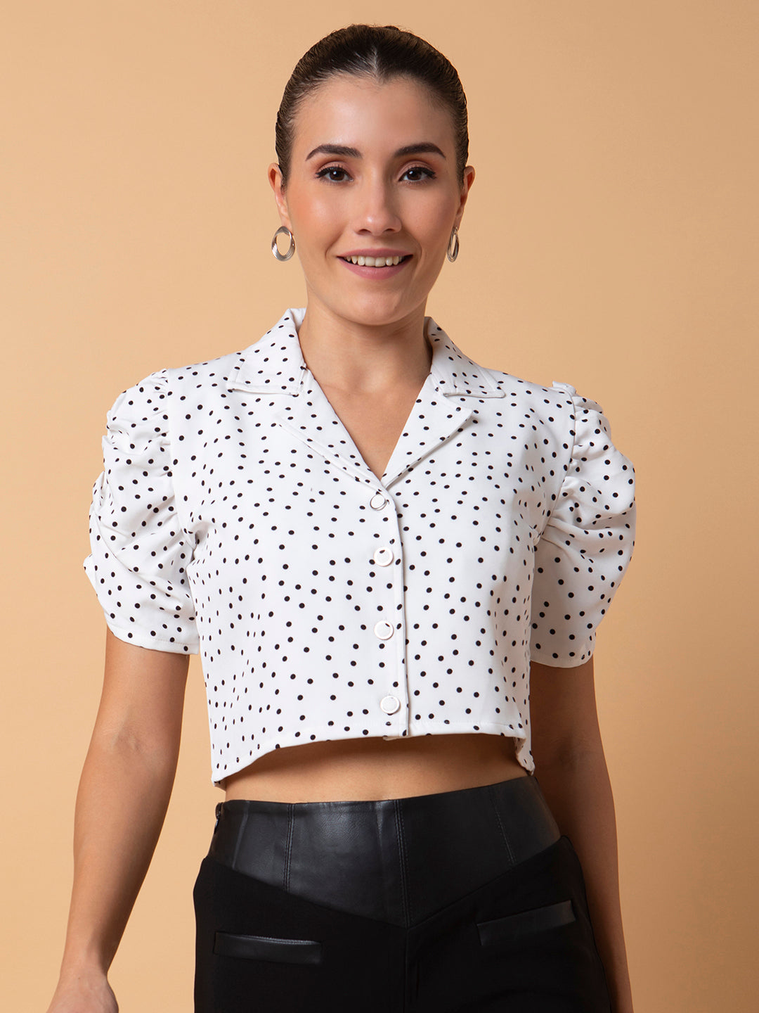 Women Polka Dots White Blouson Crop Top