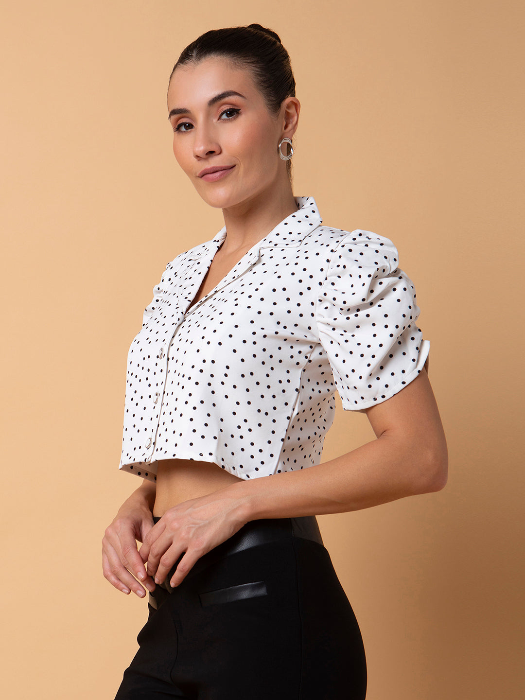 Women Polka Dots White Blouson Crop Top