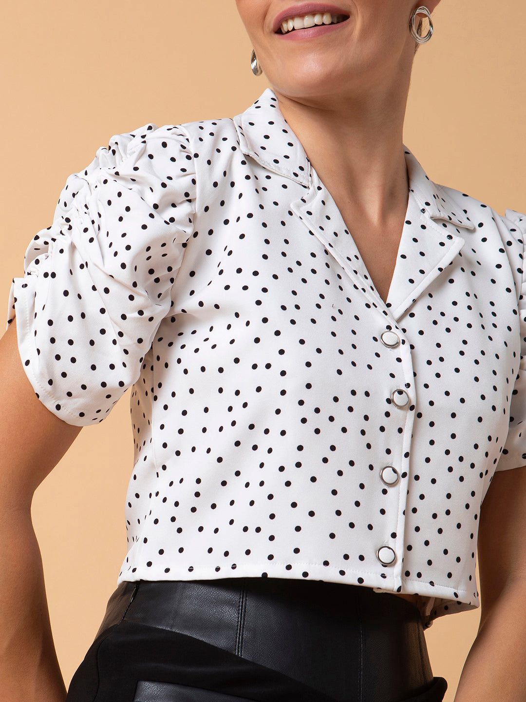 Women Polka Dots White Blouson Crop Top