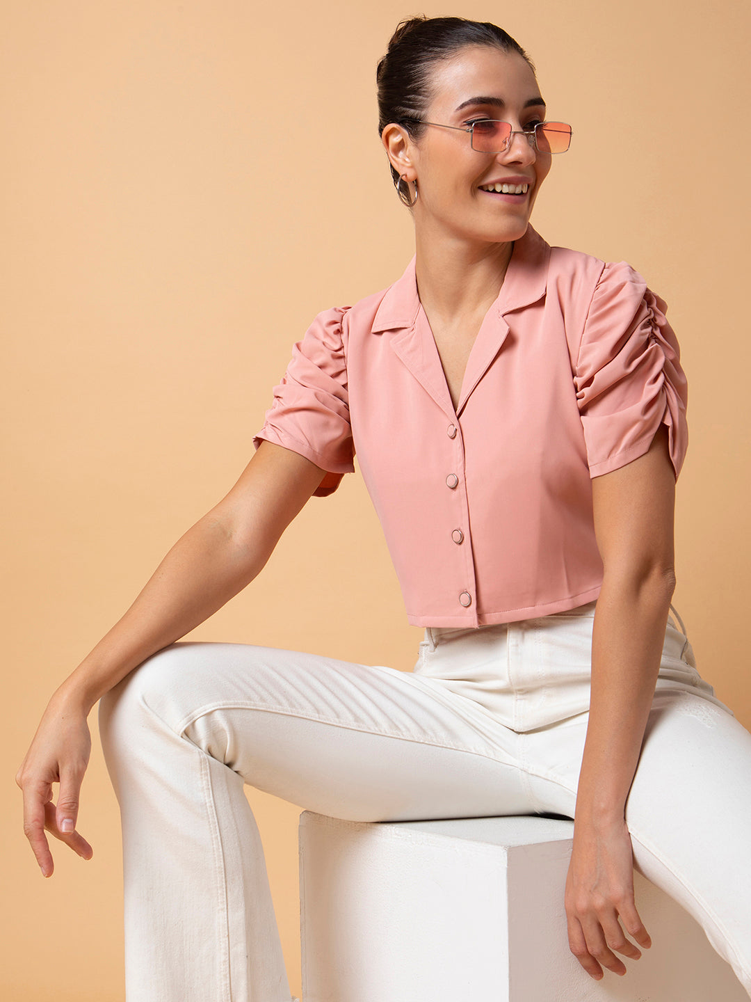 Women Solid Peach Blouson Top