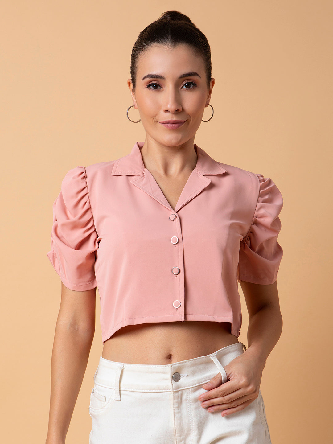 Women Solid Peach Blouson Top