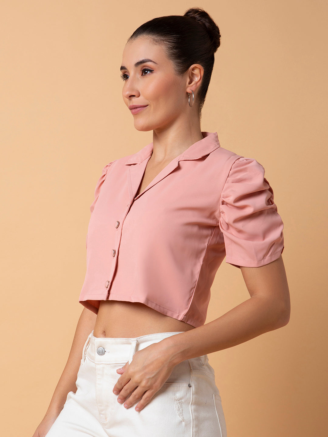 Women Solid Peach Blouson Top