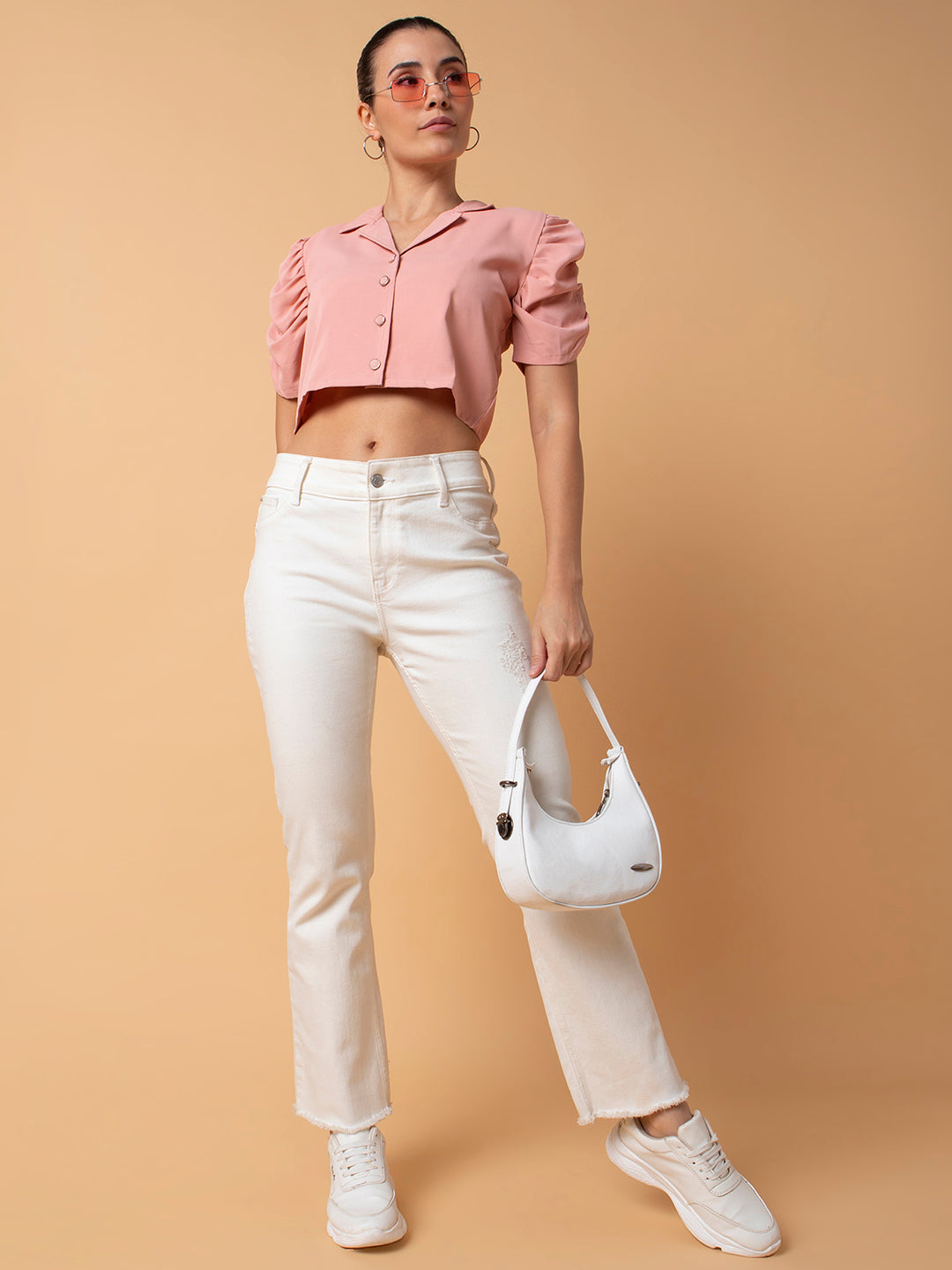 Women Solid Peach Blouson Top