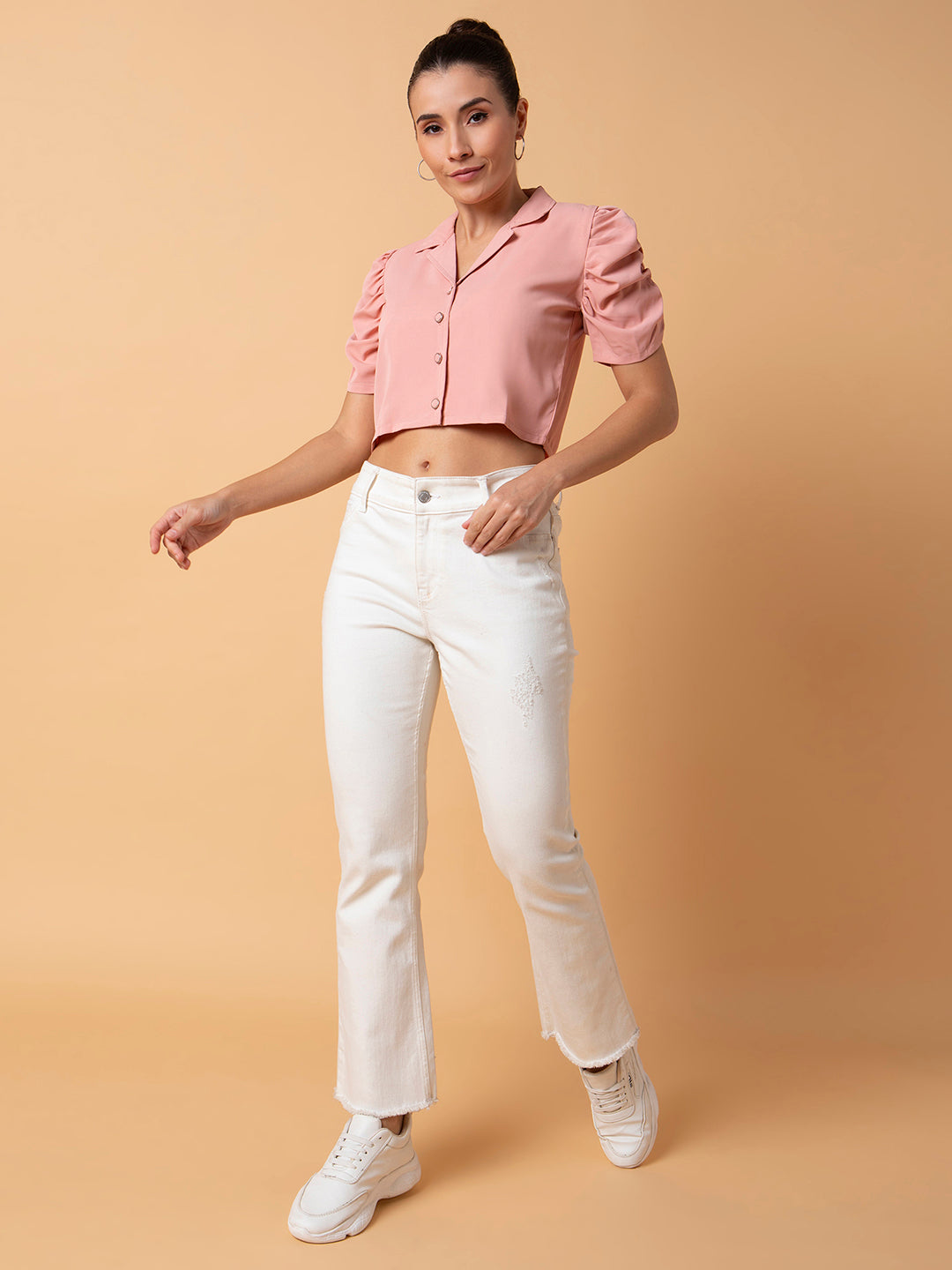 Women Solid Peach Blouson Top