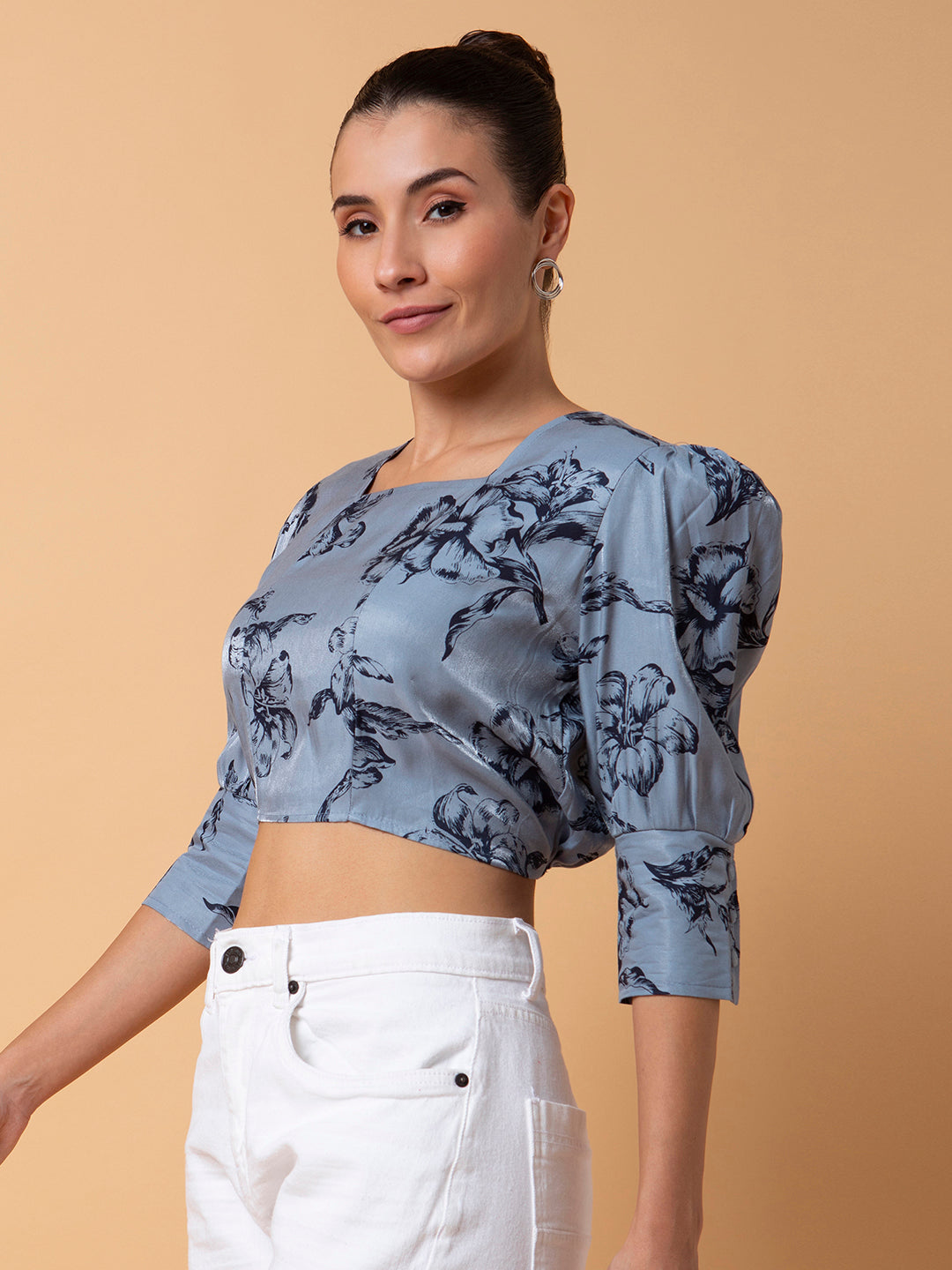 Women Floral Grey Blouson Crop Top