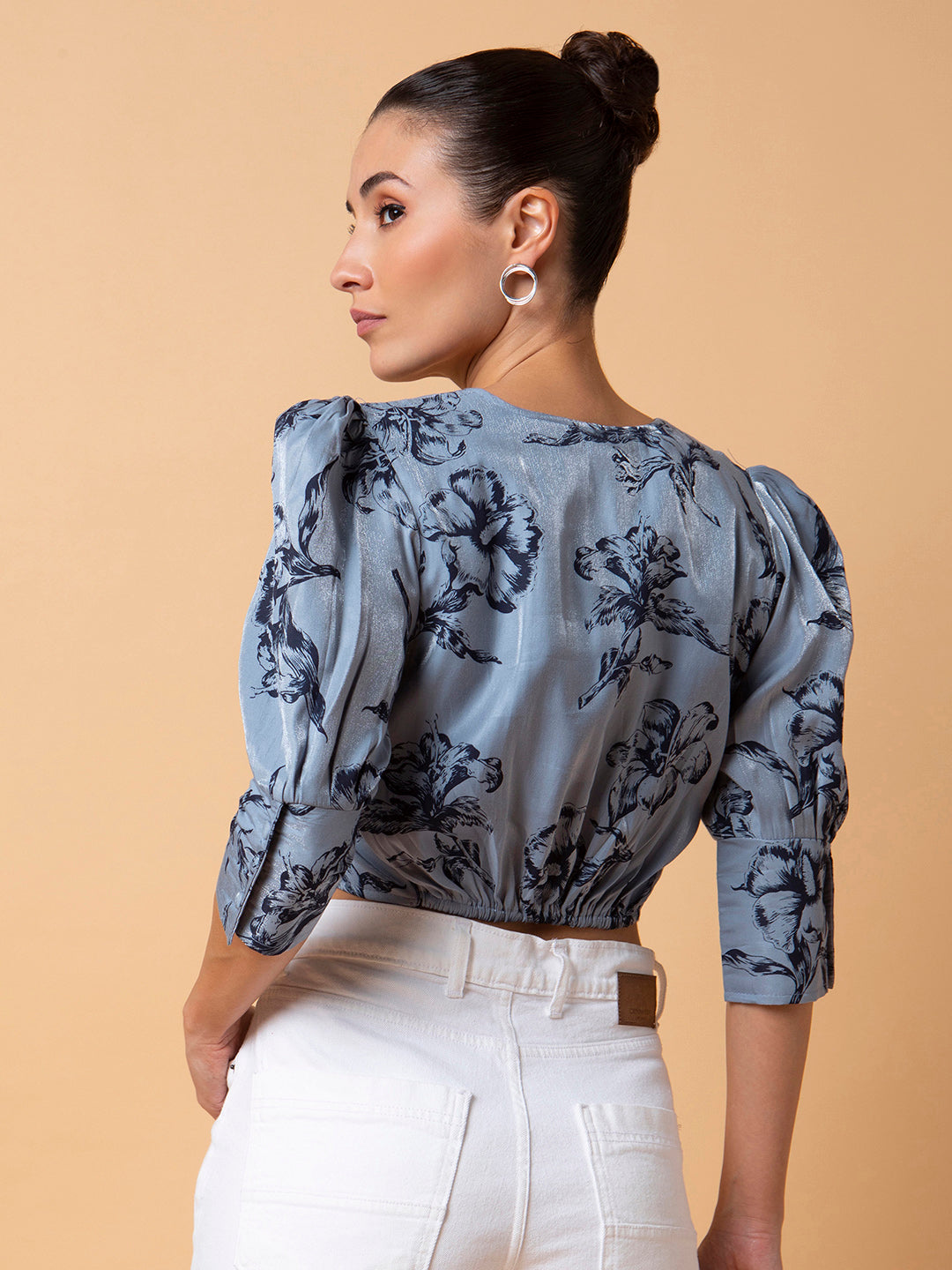 Women Floral Grey Blouson Crop Top