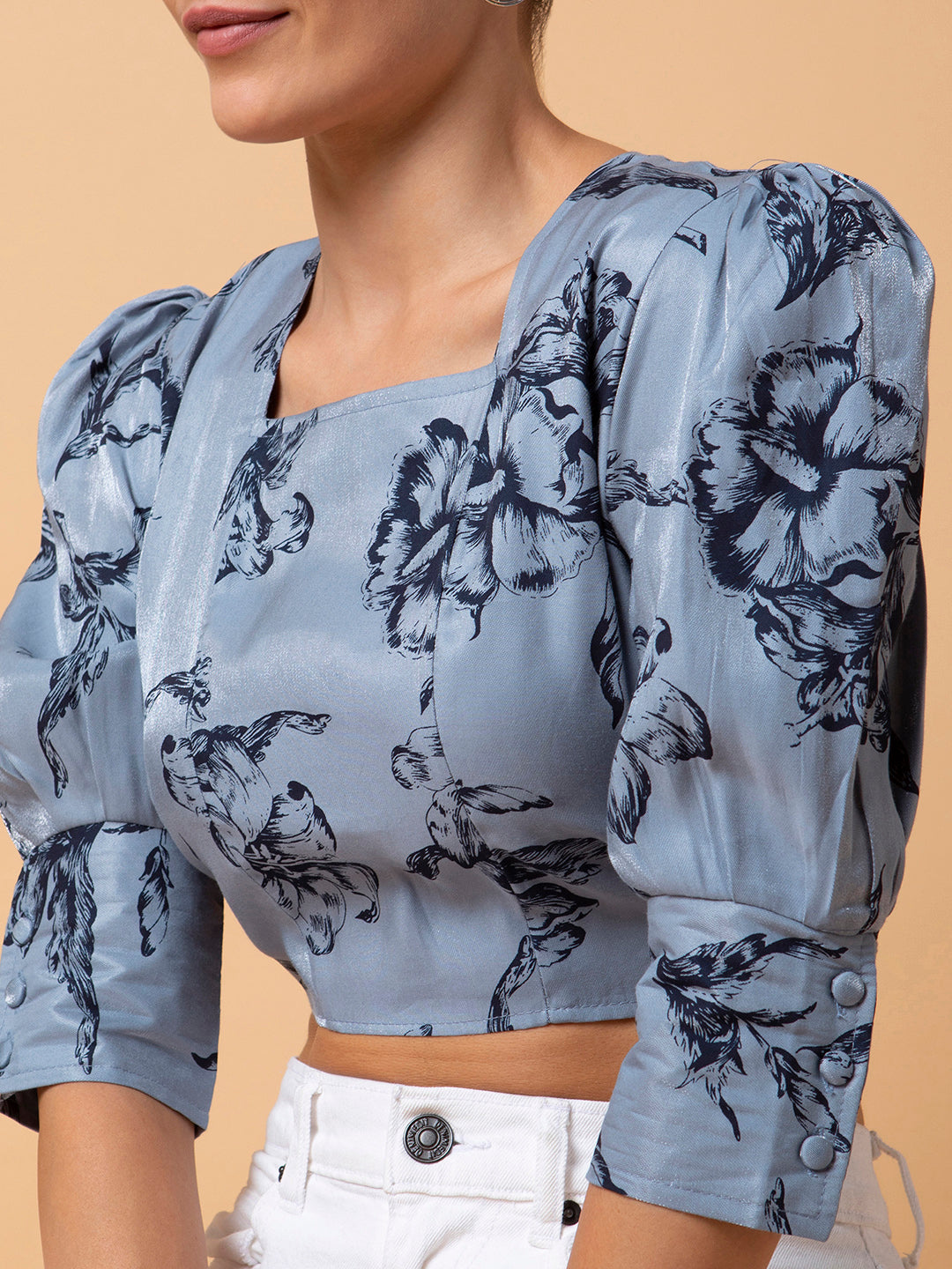 Women Floral Grey Blouson Crop Top