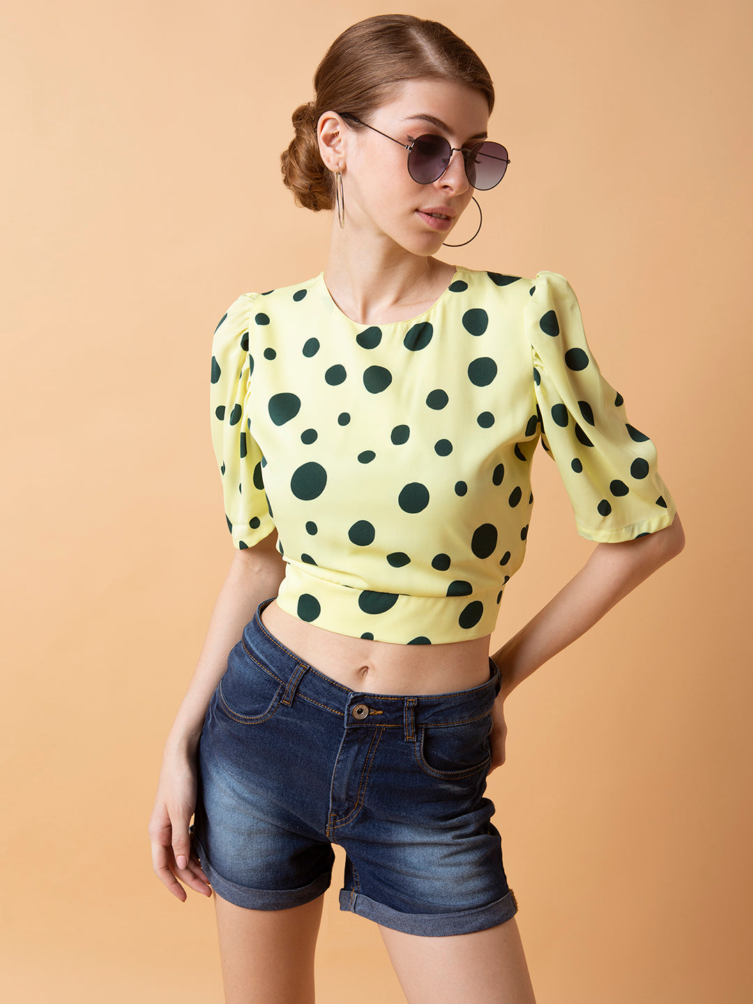 Women Polka Dots Yellow Blouson Top