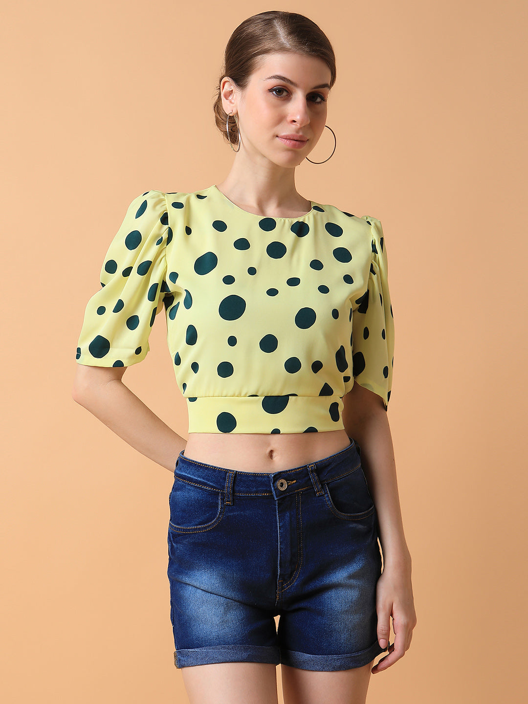 Women Polka Dots Yellow Blouson Top