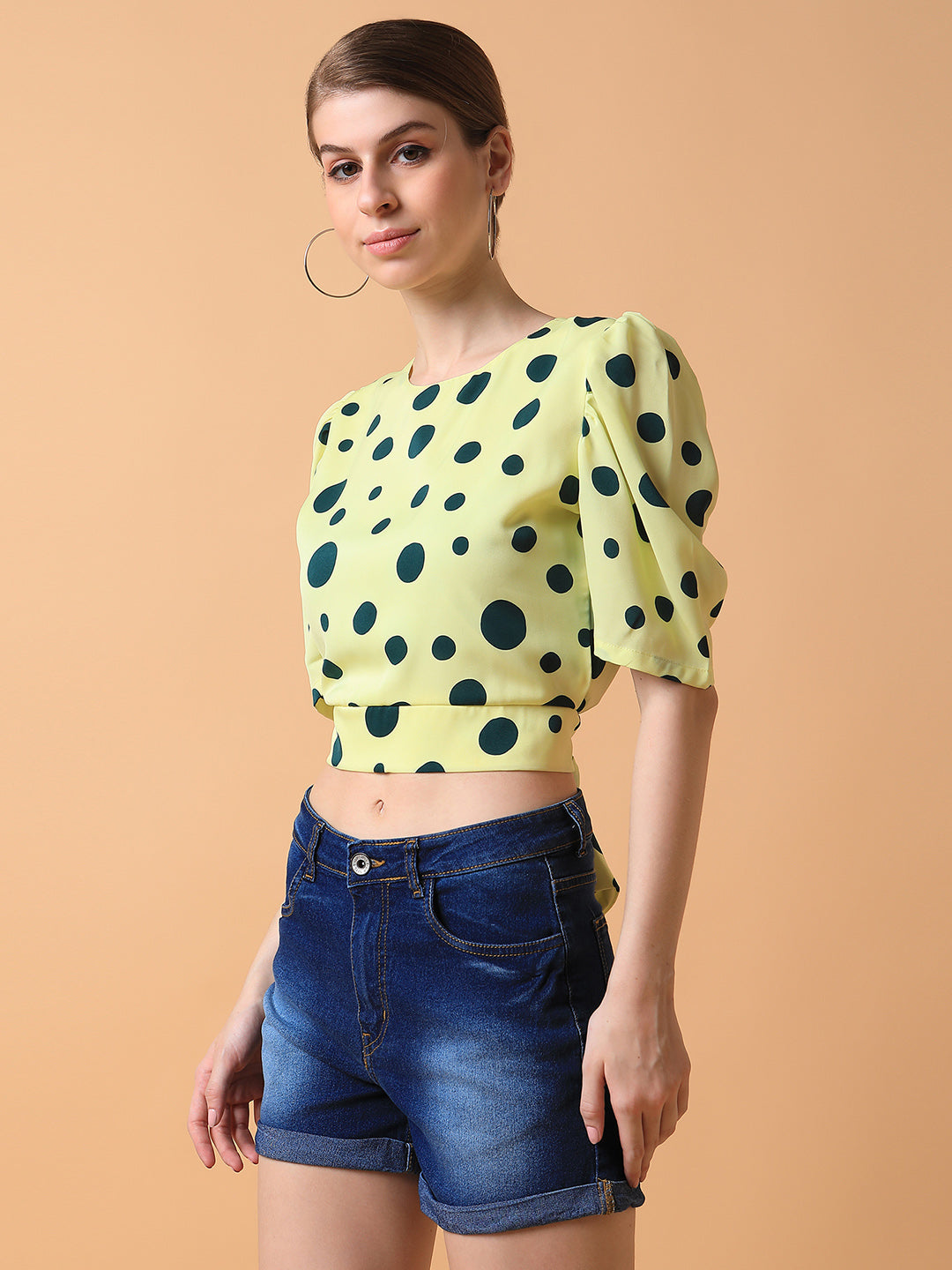 Women Polka Dots Yellow Blouson Top