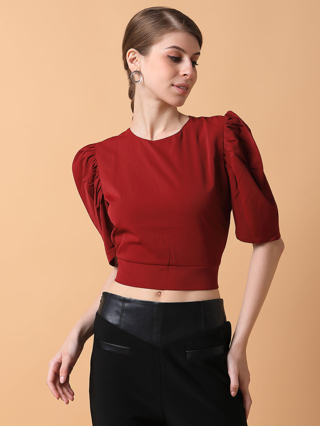 Women Solid Maroon Blouson Top