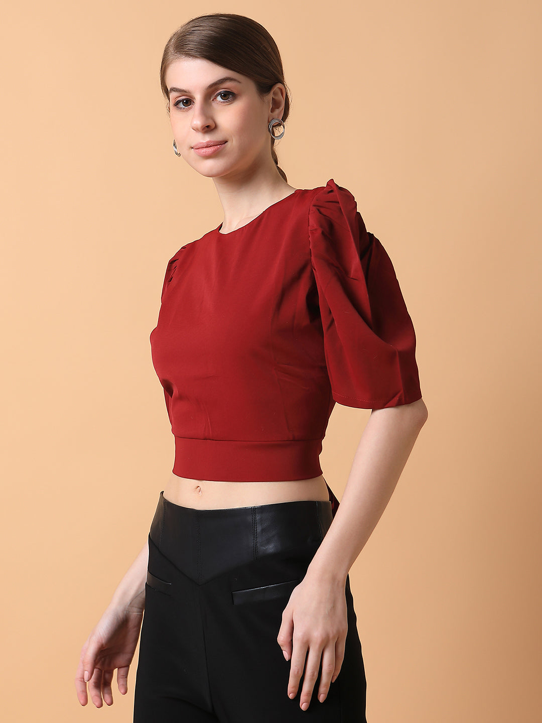 Women Solid Maroon Blouson Top