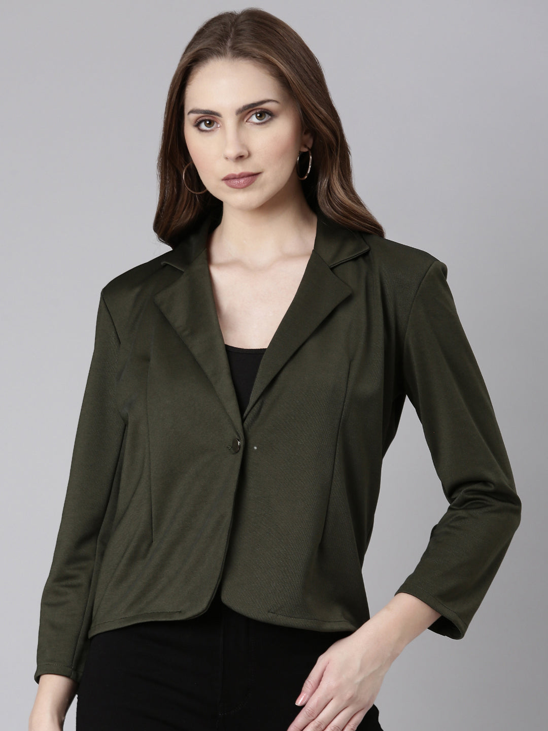 Women Olive Solid Single Breasted Blazer