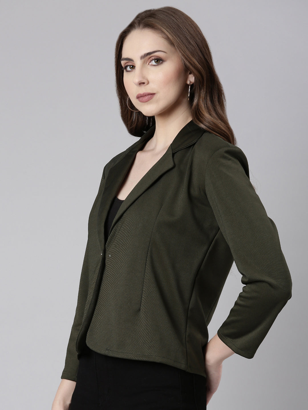 Women Olive Solid Single Breasted Blazer