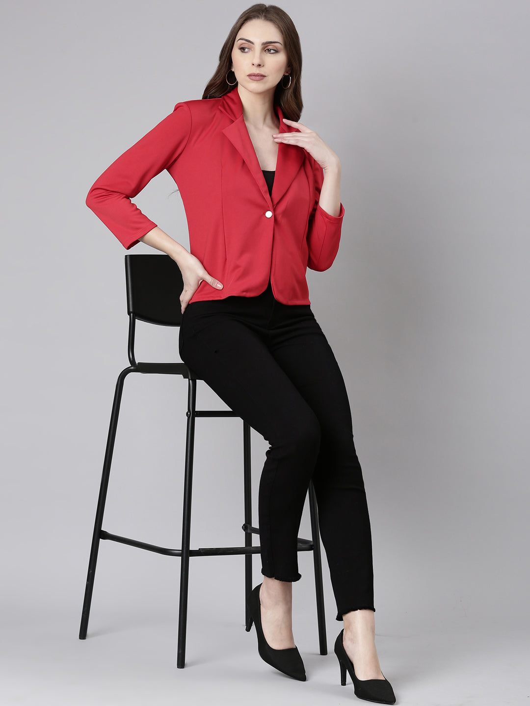 Women's Red Single-Breasted Casual Blazer