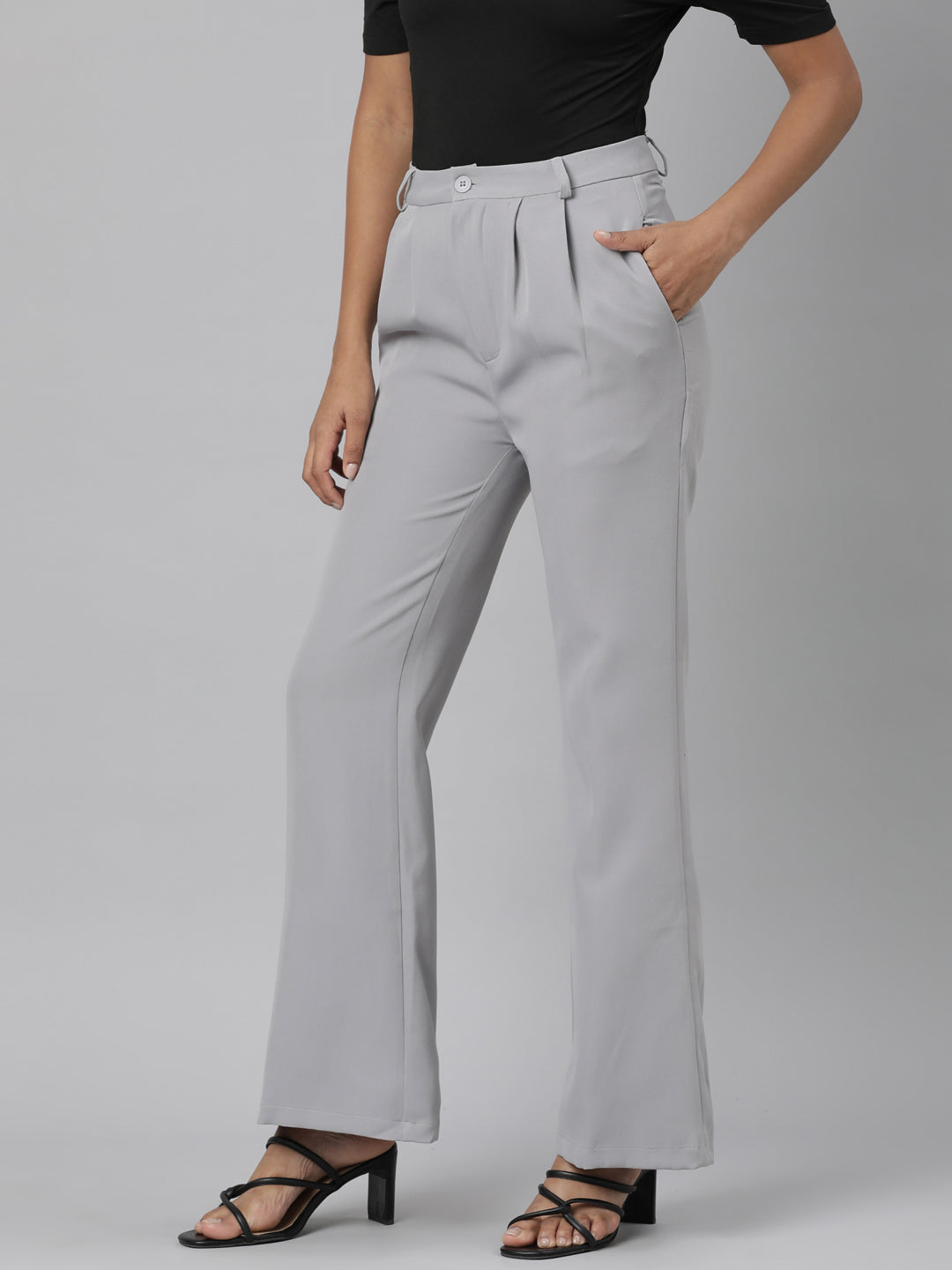 Women Grey Solid Bootcut Trousers