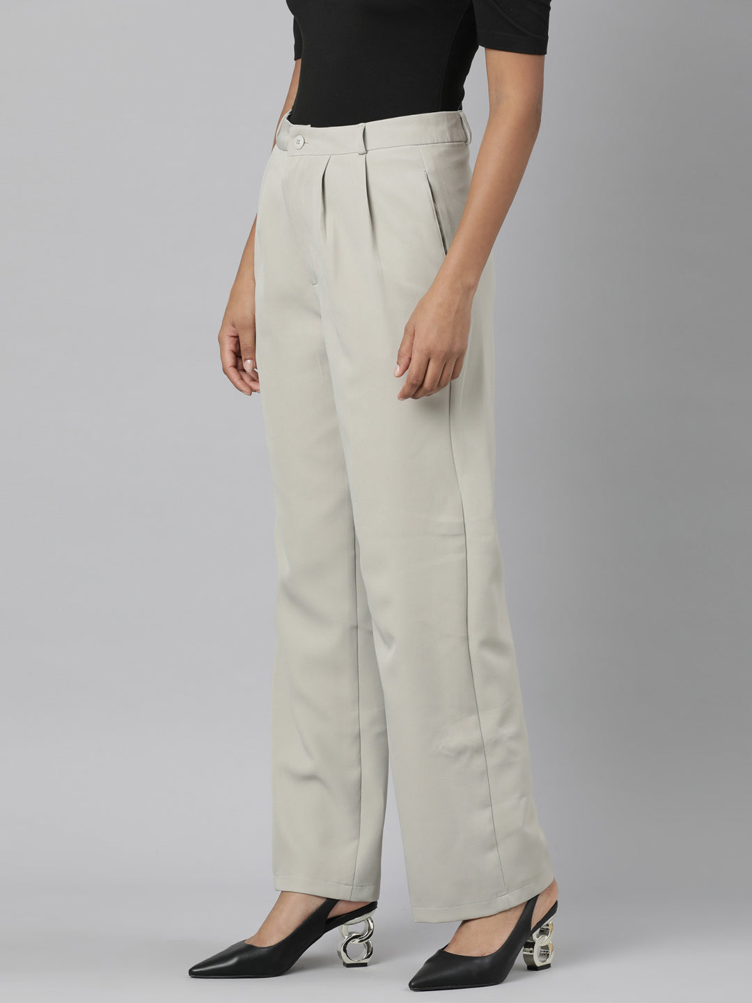 Women Beige Solid Parallel Trousers